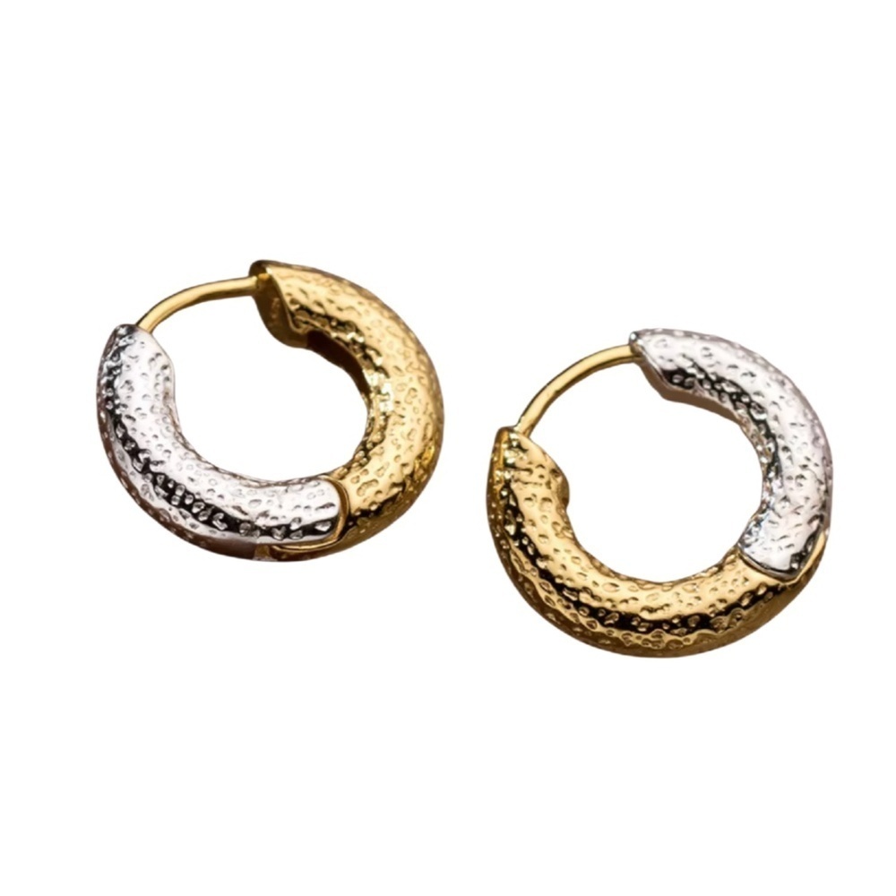 Textured Two-Tone Hoop Earrings – 925 Silver & 18K Gold Plated Copper – 1.4cm Mi